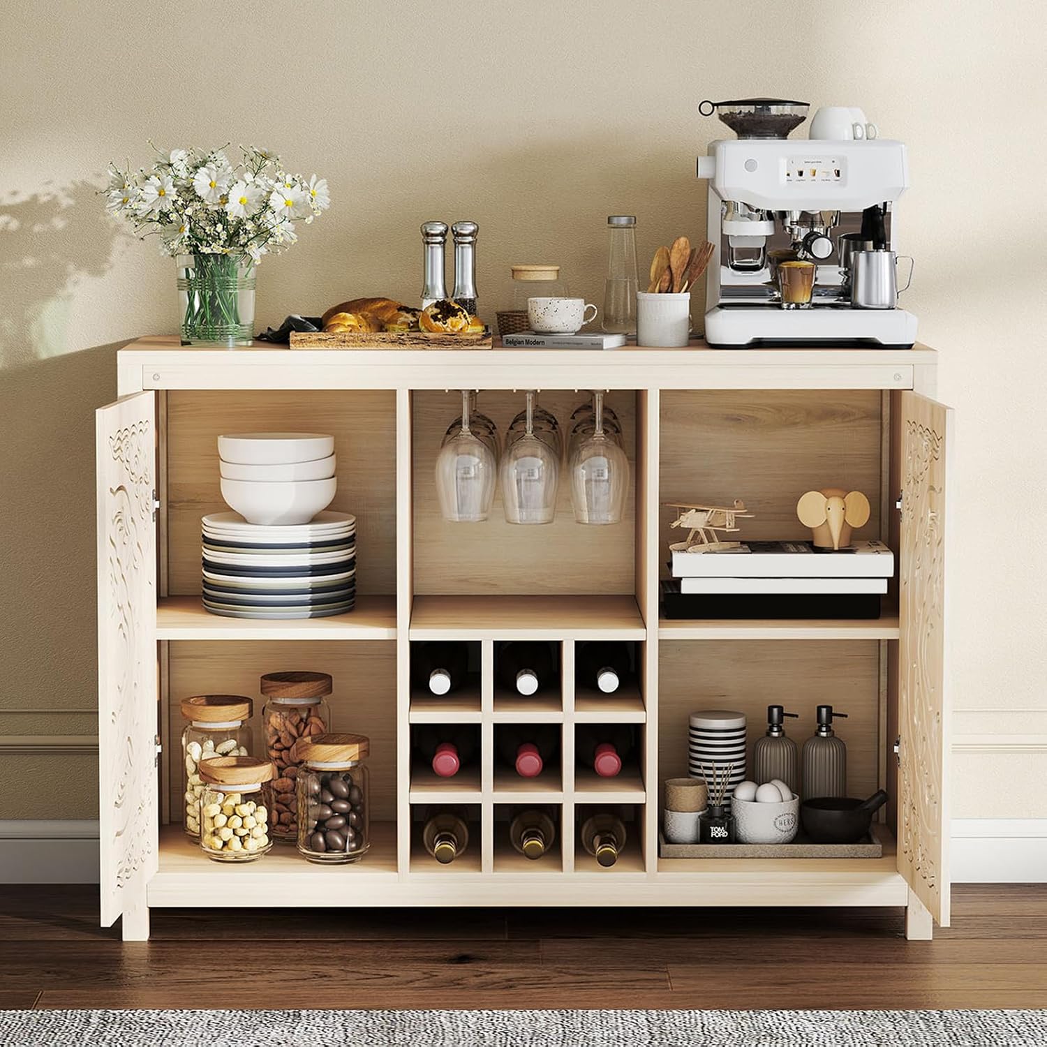 조절 가능한 와인랙과 수납공간을 갖춘 원목 바 캐비닛, - Home Bar And Cabinet 리뷰 및 가격