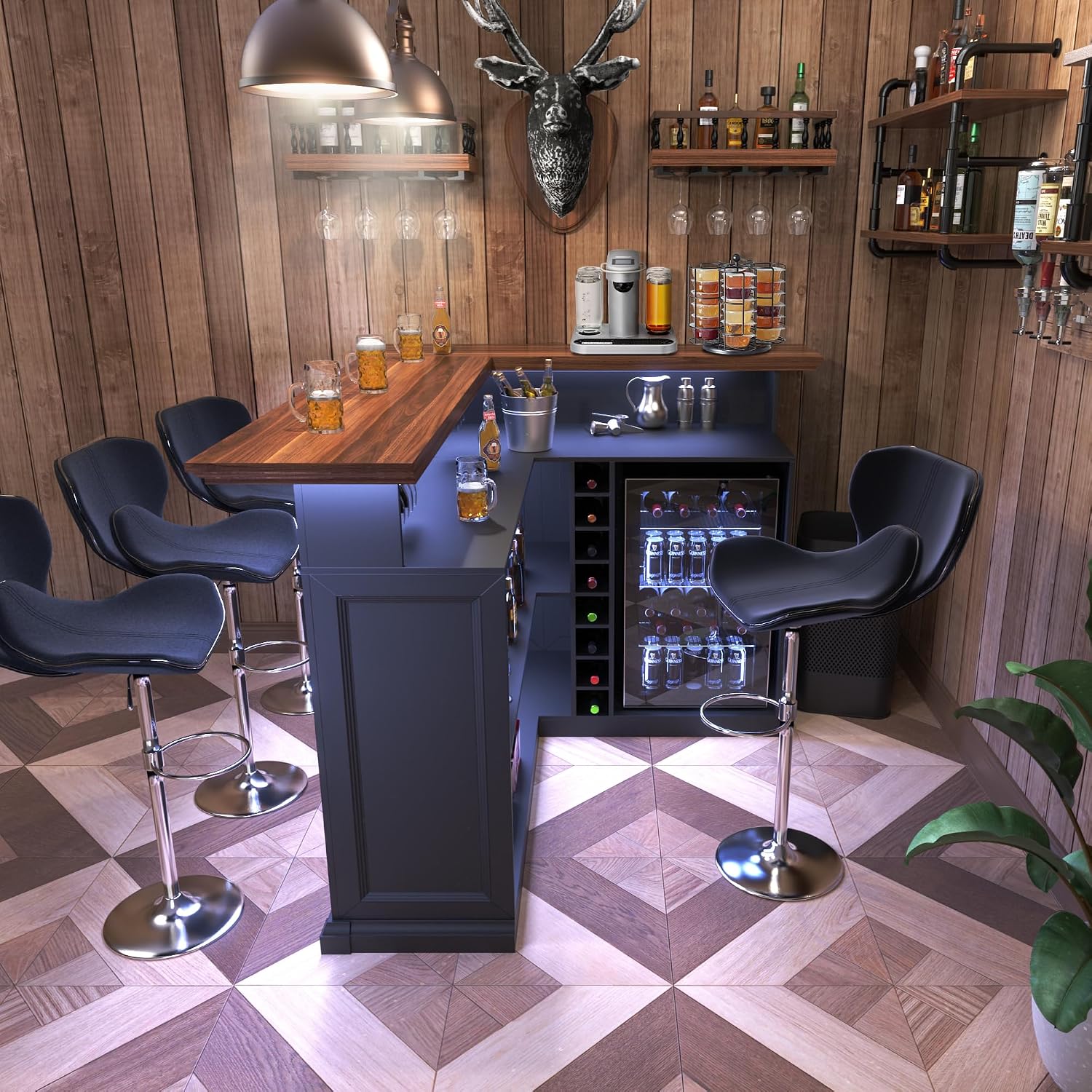 L자형 홈 바 캐비닛 (냉장고 공간 포함), 대형 지하 - Home Bar And Fridge 리뷰 및 가격